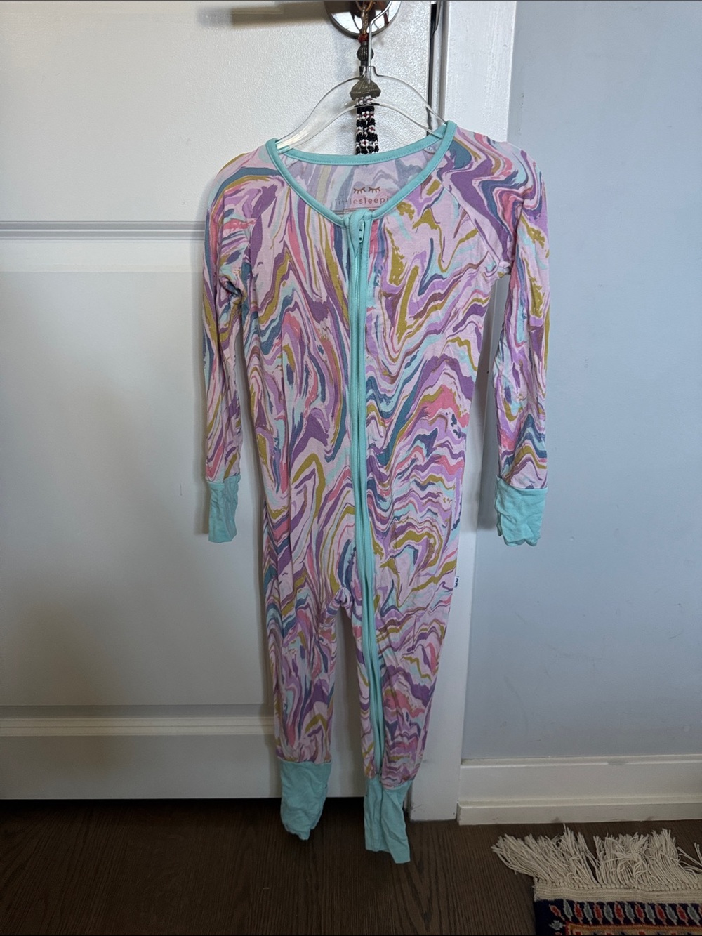 Little Sleepies Pastel Marble-Print Zip One-Piece Pajamas w Mint Trim 18 to 24